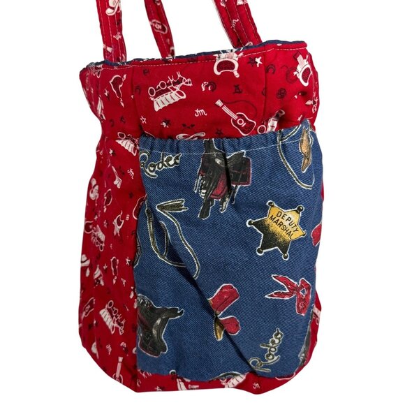 Handmade Reversible Patchwork Cotton Tote Bucket Bag Bandana Western Music Theme - Picture 4 of 10